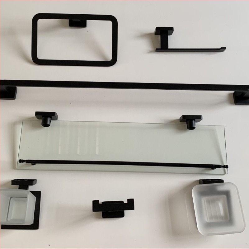 Комплект за държачи за кърпи в баня, неръждаема стомана, 6 части, спрей покритие, монтаж чрез пробиване, носимост 30 кг, модерен минималистичен стил