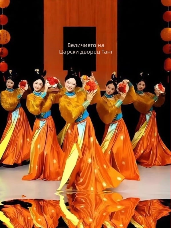 Рокля за танц в китайски стил от династията Танг, с бродерия, Modal плат със смес от козина заек и полиестер, широка пола