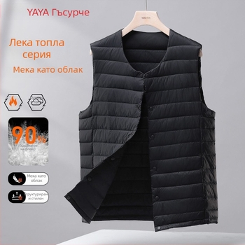 Мъжки тънък пухен жилет с качулка, Corduroy плат, пълнеж бял гусен пух, 100% пух, стил корейски, пролет 2025