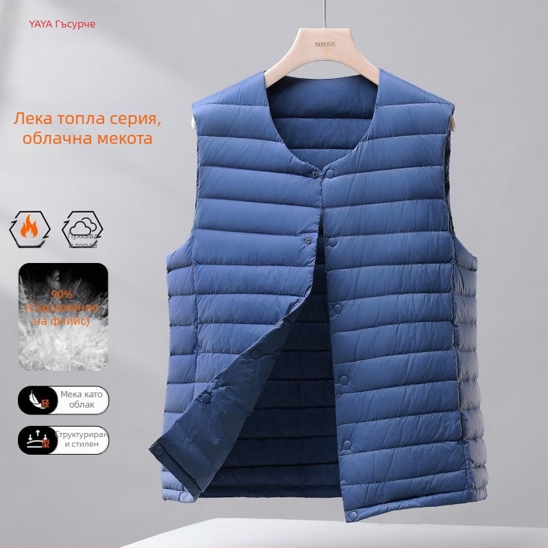 Мъжки тънък пухен жилет с качулка, Corduroy плат, пълнеж бял гусен пух, 100% пух, стил корейски, пролет 2025