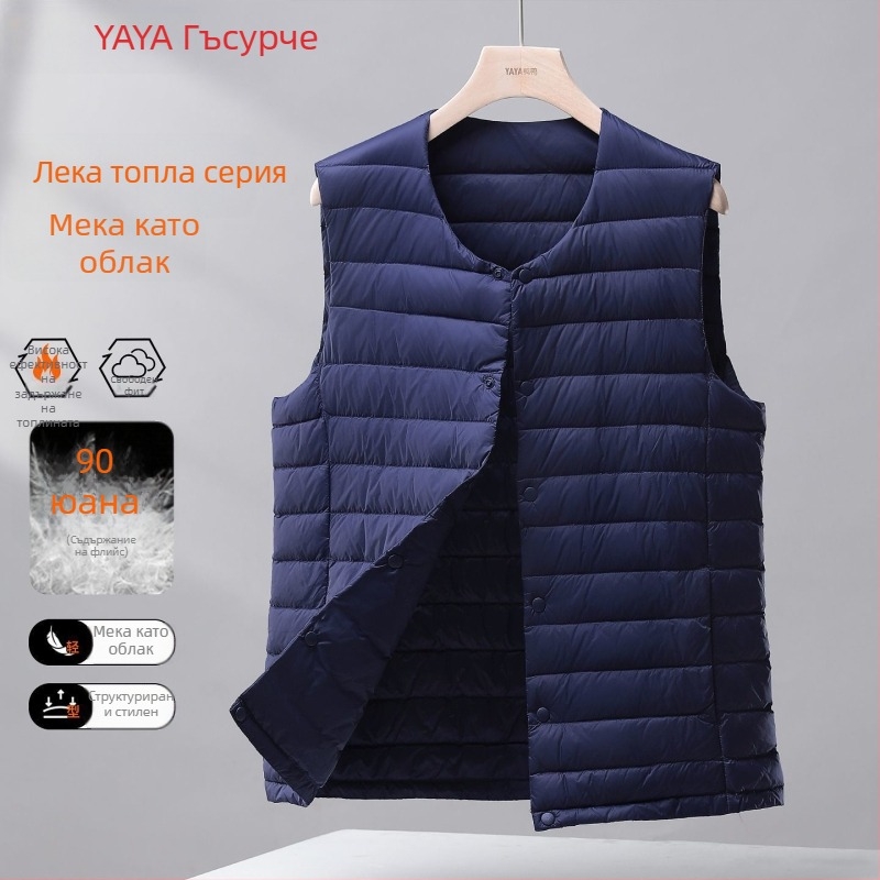 Мъжки тънък пухен жилет с качулка, Corduroy плат, пълнеж бял гусен пух, 100% пух, стил корейски, пролет 2025