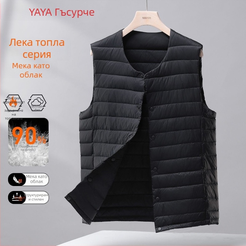 Мъжки тънък пухен жилет с качулка, Corduroy плат, пълнеж бял гусен пух, 100% пух, стил корейски, пролет 2025