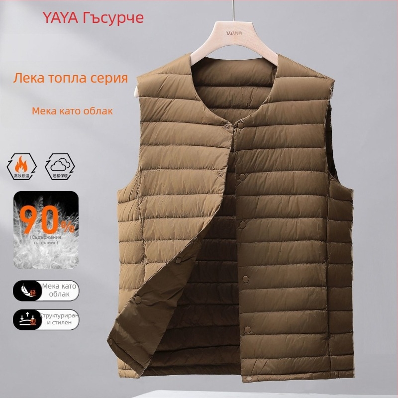 Мъжки тънък пухен жилет с качулка, Corduroy плат, пълнеж бял гусен пух, 100% пух, стил корейски, пролет 2025