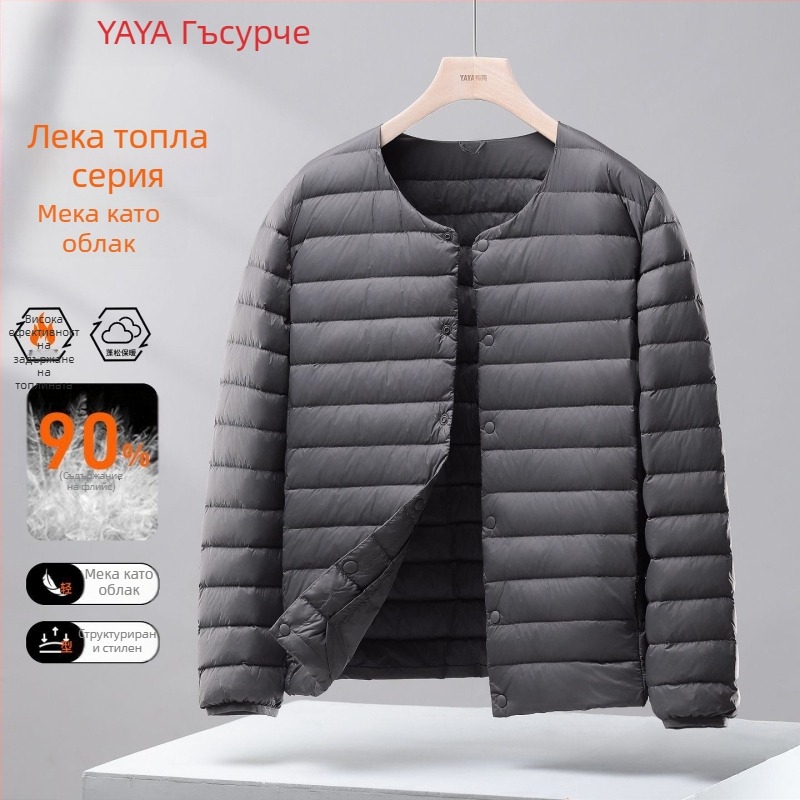 Мъжки тънък пухен жилет с качулка, Corduroy плат, пълнеж бял гусен пух, 100% пух, стил корейски, пролет 2025