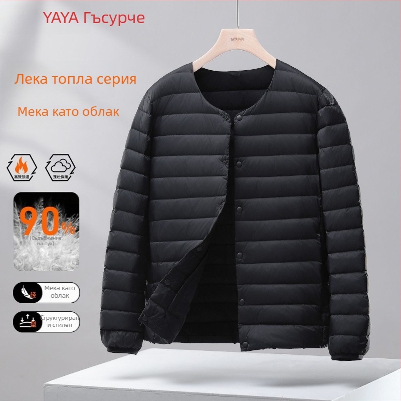 Мъжки тънък пухен жилет с качулка, Corduroy плат, пълнеж бял гусен пух, 100% пух, стил корейски, пролет 2025