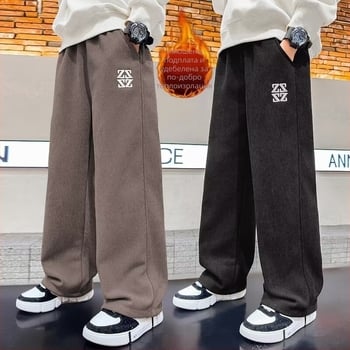 Момчешки панталони с широки крачоли, поларена подплата, памук, спортни за есен-зима 2025