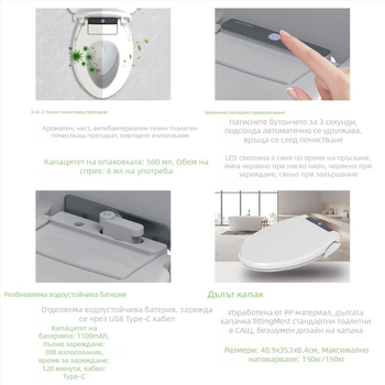 Умно капаче за тоалетна - ароматизиране, почистване и стерилизация; ПП материал; Регулируемо разстояние между отвори 134-180 мм; Зареждаща се водоустойчива батерия; 500 ml резервоар за почистване.