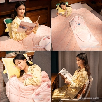 Bai feili двуфункционална пухена възглавница и одеяло – за автомобил и офис, карикатурен принт, сплайсинг шевове, пълнител PP памук