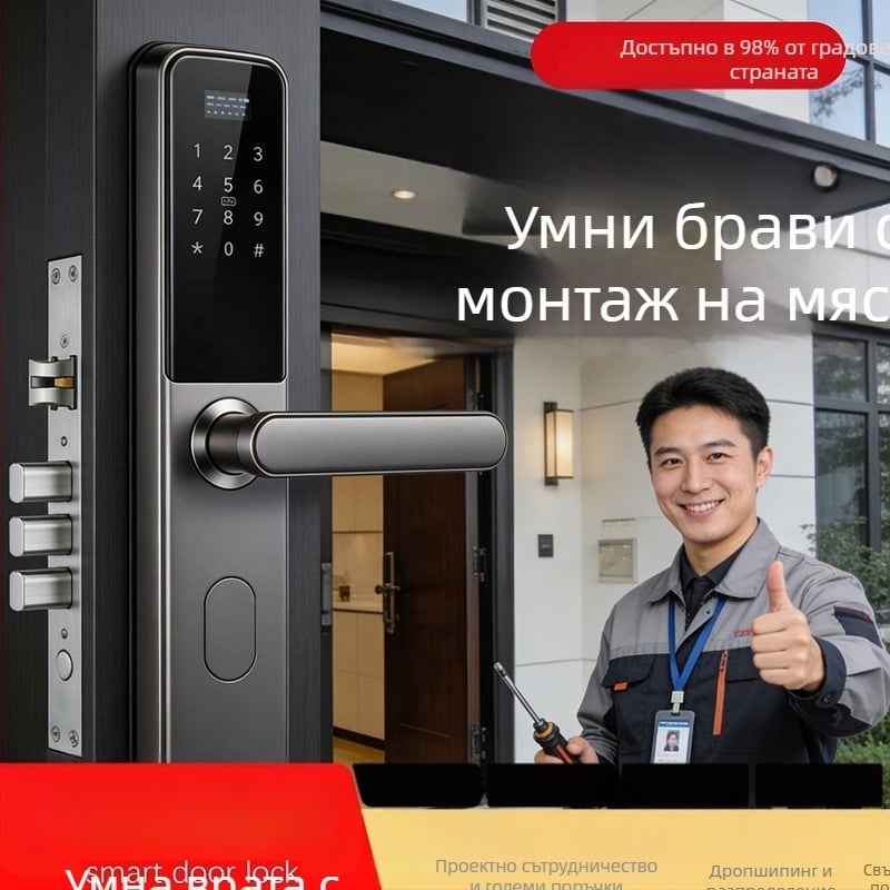 Умна брава за входна врата с монтажна услуга — разпознаване по отпечатък, парола, карта, длан и лицево разпознаване; 100 запаметени отпечатъка; до 100 000 отключвания; 0,5 s сканиране; водоустойчива; DC захранване; за входна врата.