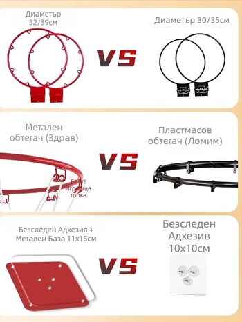 Вътрешен стенен баскетболен кош без пробиване, сгъваем, безшумен, с мрежа
