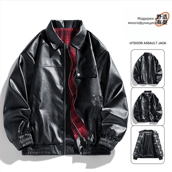 Мъжко PU кожено яке в спортен стил, свободна кройка, яка тип лапел, двойно закопчаване, средна дължина 65–80 см, пролет 2025