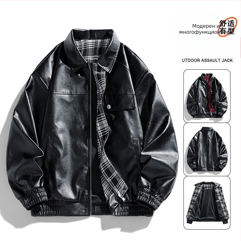 Мъжко PU кожено яке в спортен стил, свободна кройка, яка тип лапел, двойно закопчаване, средна дължина 65–80 см, пролет 2025
