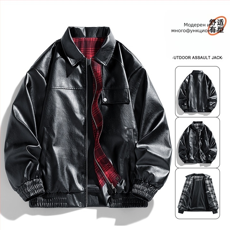 Мъжко PU кожено яке в спортен стил, свободна кройка, яка тип лапел, двойно закопчаване, средна дължина 65–80 см, пролет 2025