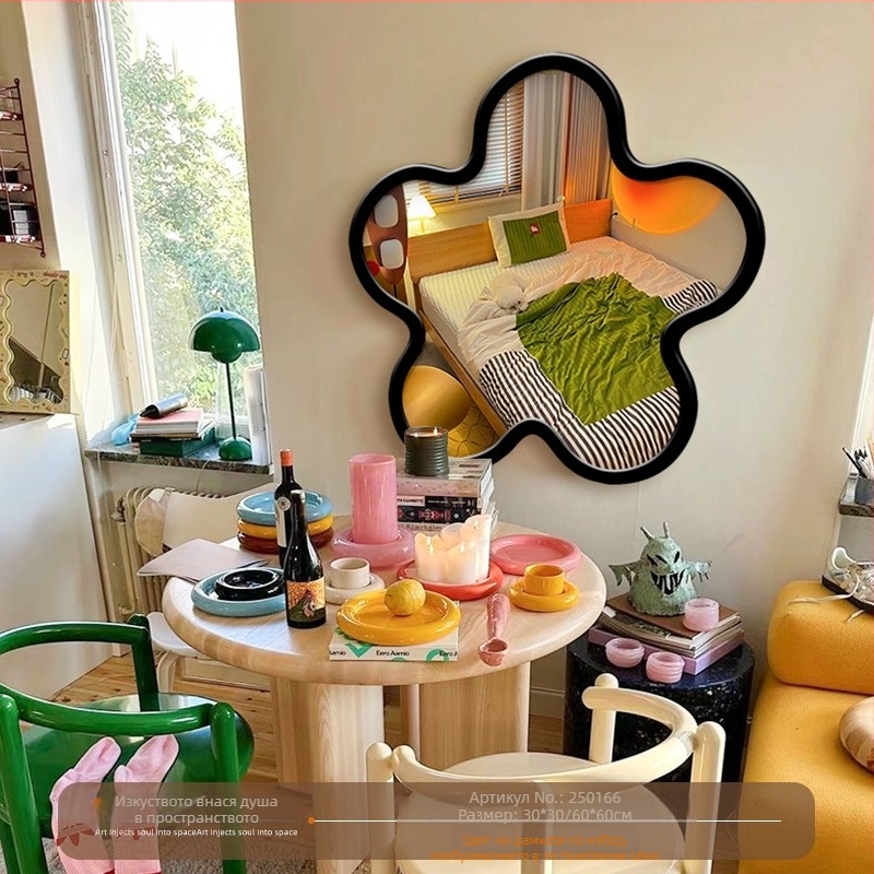 Картина-огледало с цветя – крем стил Инстаграм, безрамков огледало за бюро/тоалетка с абстрактно изкуство върху изкуствена плоскост, подходящо за дневна или спалня