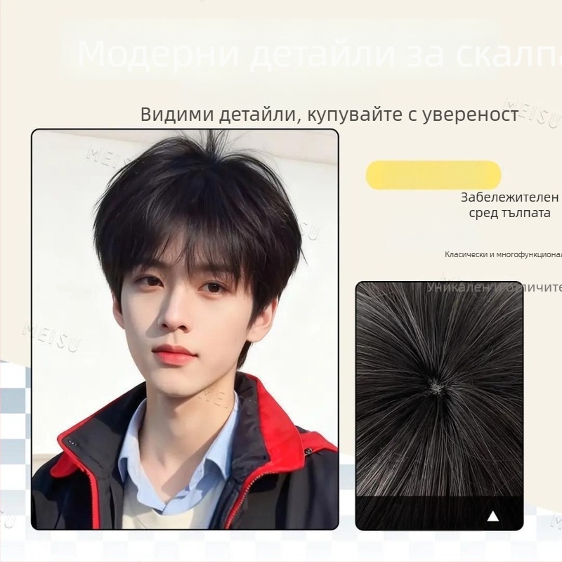 Мъжка перука, коса от високотемпературна коприна, с права челка, механична технология, не може да се боядисва или пермва