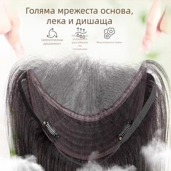 Ръчно тъкана невидима дантелена предна част за дълга права коса, 15×18 см, дължина 40 см, без нужда от мрежа за коса, с челка и среден раздел