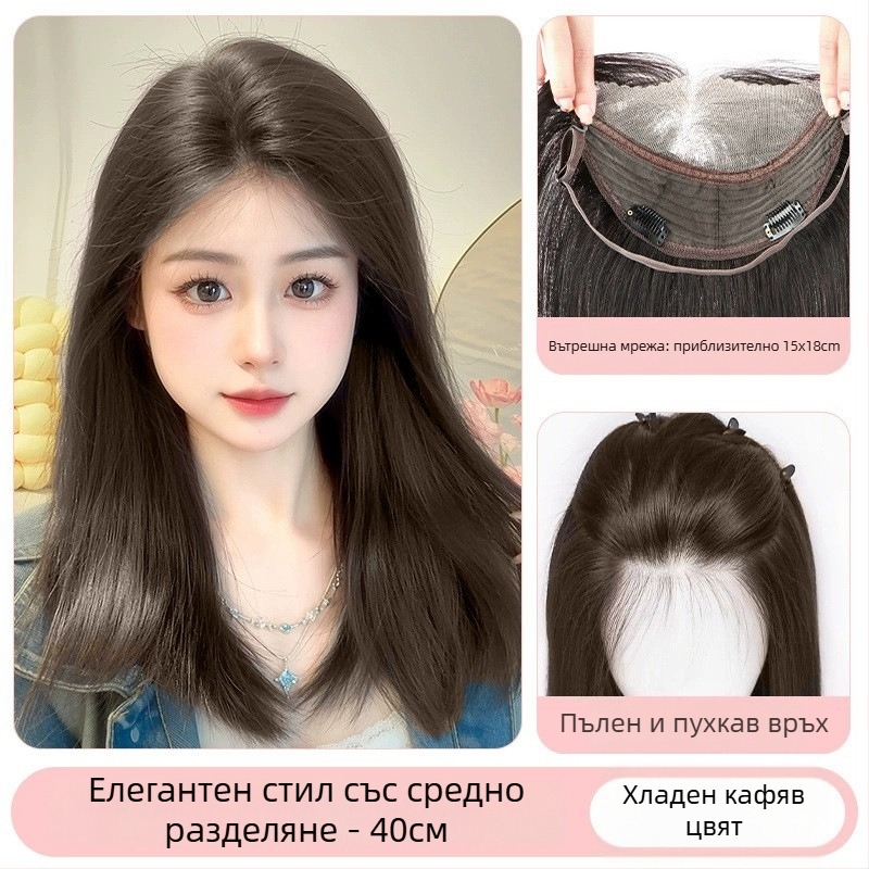 Ръчно тъкана невидима дантелена предна част за дълга права коса, 15×18 см, дължина 40 см, без нужда от мрежа за коса, с челка и среден раздел