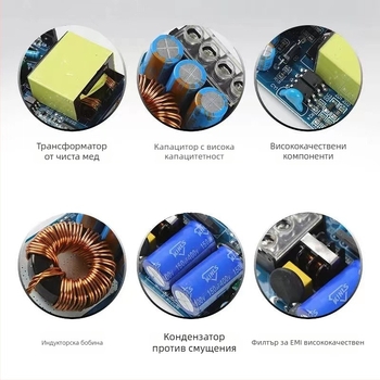 LED импулсно захранване с постоянен волтаж, вход 220 V AC, изход 12–24 V DC, до 16.6 A, 400 W, защита: претоварване, късо съединение, прекомерно напрежение, прегряване, прекомерен ток