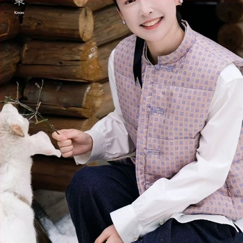 Дамски пух-памучен жилет с жакардова бродерия, свободен силует, кръгло деколте, зима 2025, памук-смесена материя с 50–70% полиестер