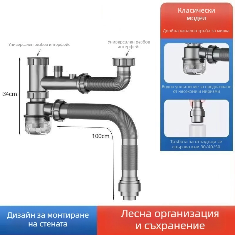Комплект за отводняване на кухненска мивка за зеленчуци, двойна глава, издърпващ се дренаж, PP материал, модел Зеленчукова мивка, код Double Head 03