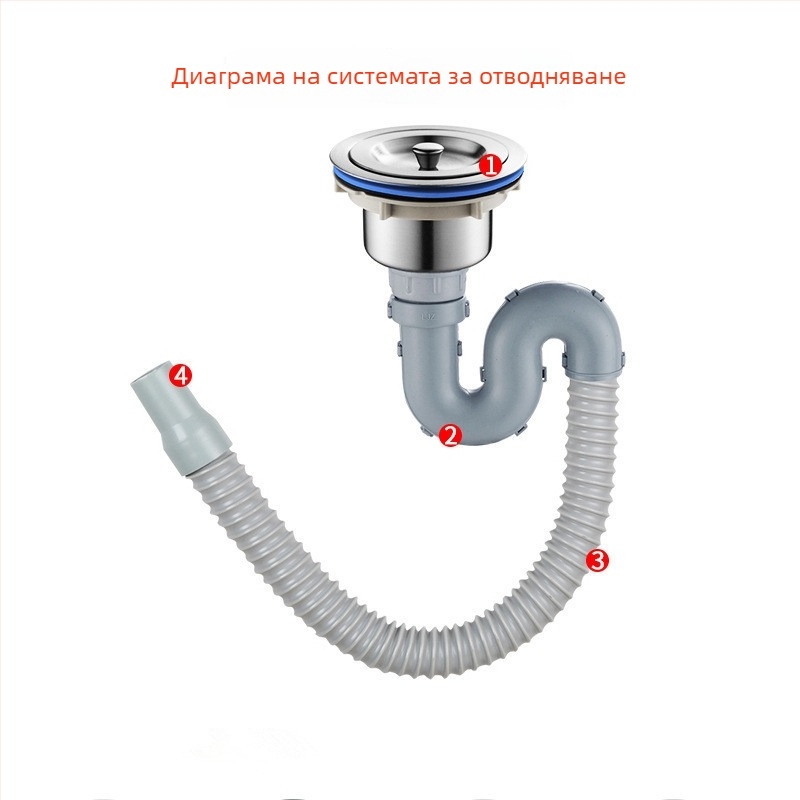 Wolf Kiss Комплект за дренаж на кухненска мивка – неръждаема стомана и ABS, тръба за дренаж на единична мивка, модерен минималистичен стил