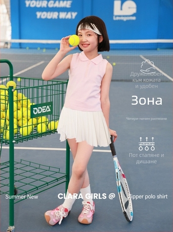 Поло риза за момичета – без ръкави, Slim fit, памук, дишаща, лято 2025, CLARA GIRLS