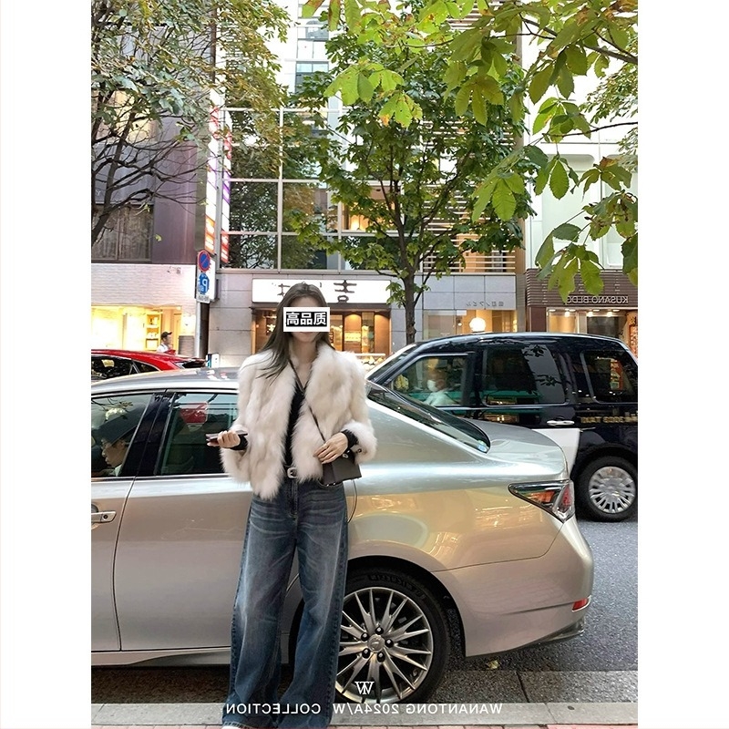 Дамско палто от изкуствена козина лисица, екологично чисто, дълги ръкави, без яка, градски стил, зима 2024