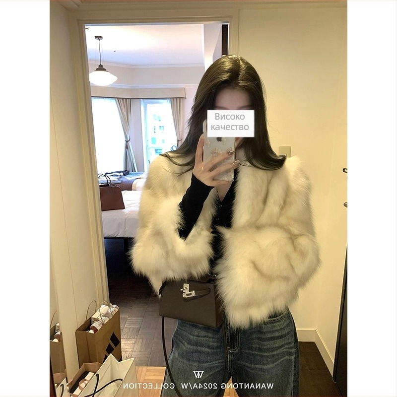 Дамско палто от изкуствена козина лисица, екологично чисто, дълги ръкави, без яка, градски стил, зима 2024