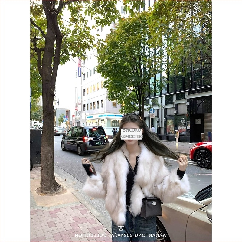 Дамско палто от изкуствена козина лисица, екологично чисто, дълги ръкави, без яка, градски стил, зима 2024