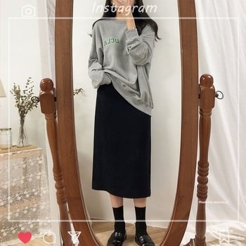 Плътна трикотажна пола за жени с висока талия, миди дължина, разкроен силует, смес памук