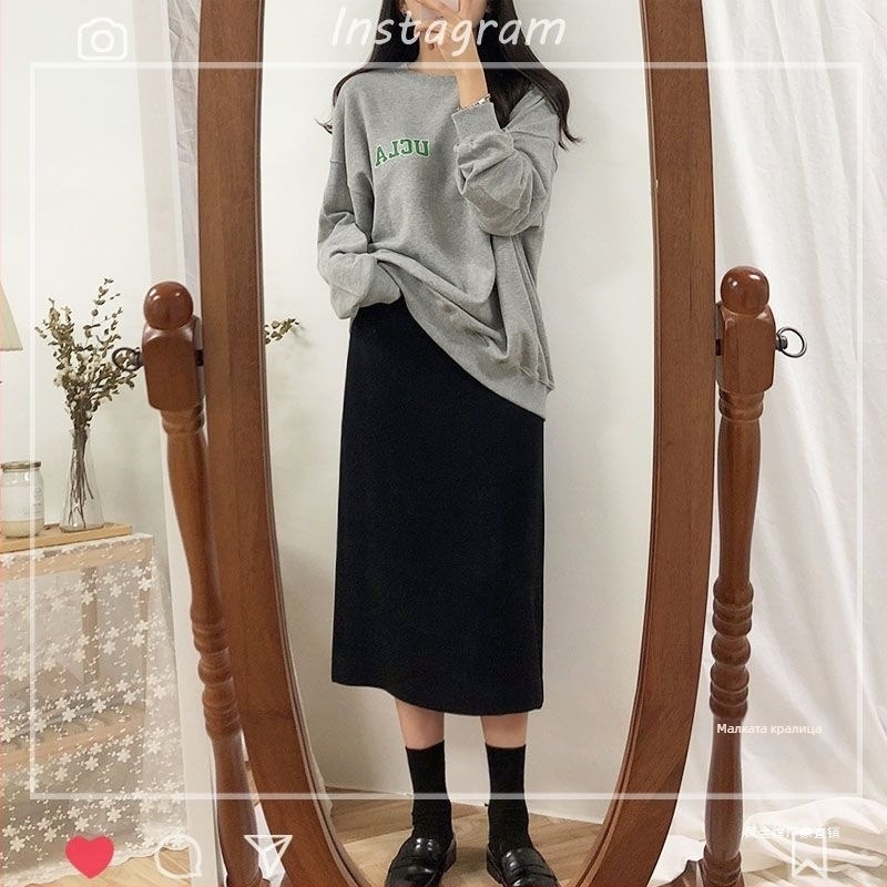 Плътна трикотажна пола за жени с висока талия, миди дължина, разкроен силует, смес памук