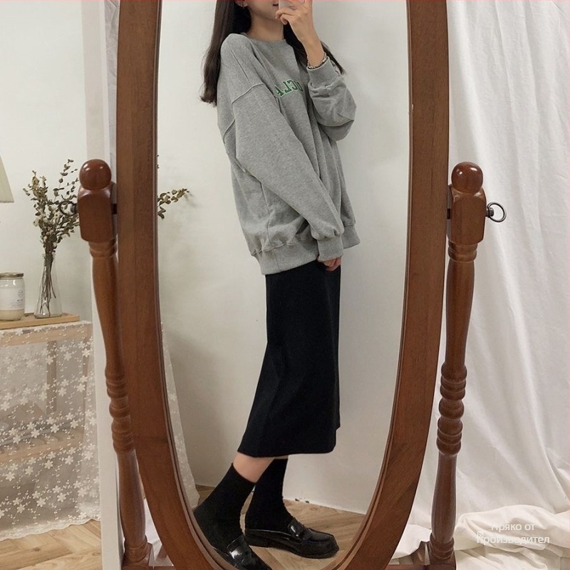 Плътна трикотажна пола за жени с висока талия, миди дължина, разкроен силует, смес памук