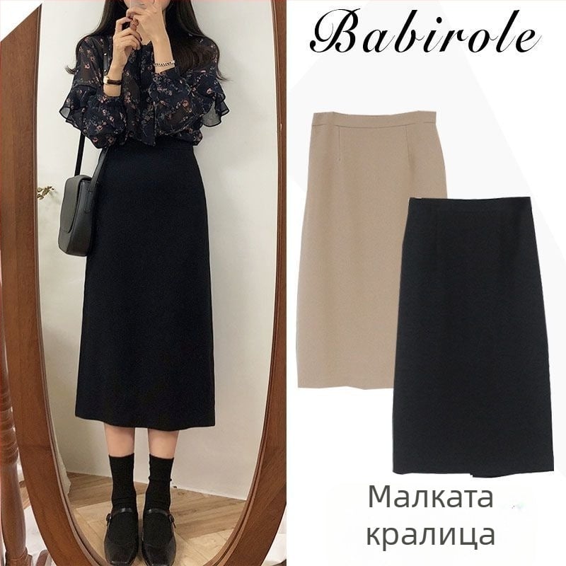 Плътна трикотажна пола за жени с висока талия, миди дължина, разкроен силует, смес памук