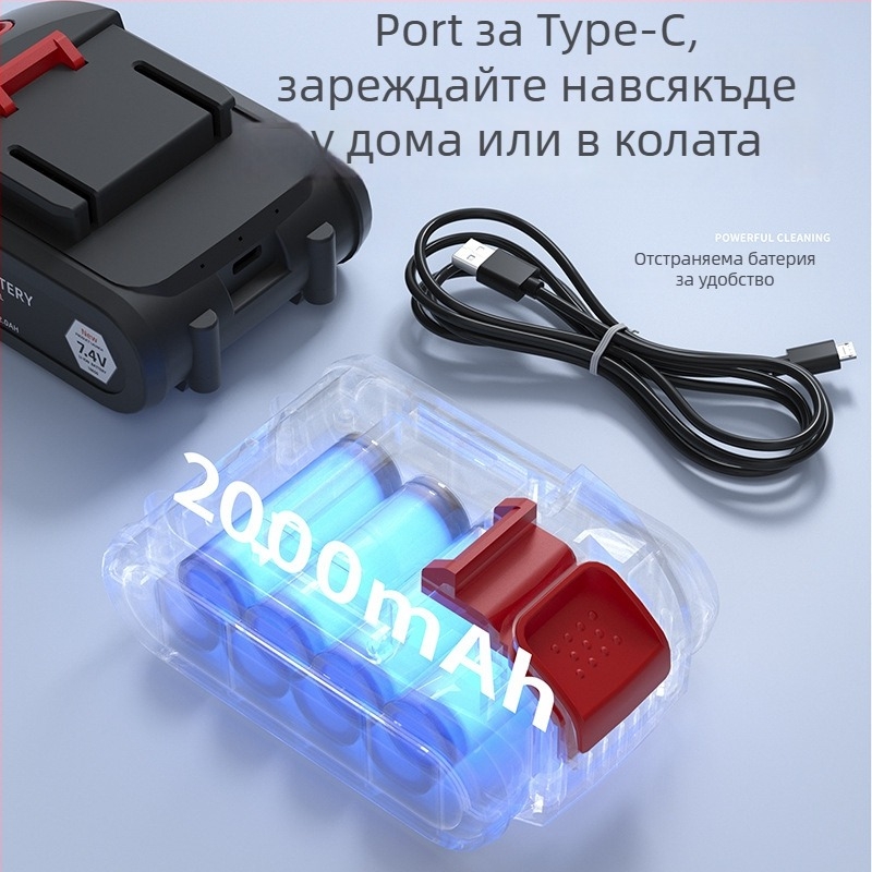 Портативна ръчна вакуум помпа за автомобил с всмукване 5500 Па, 65 W, 7.4 V, презареждаема, 25 минути работа, светлина и измерване на налягането в гумите