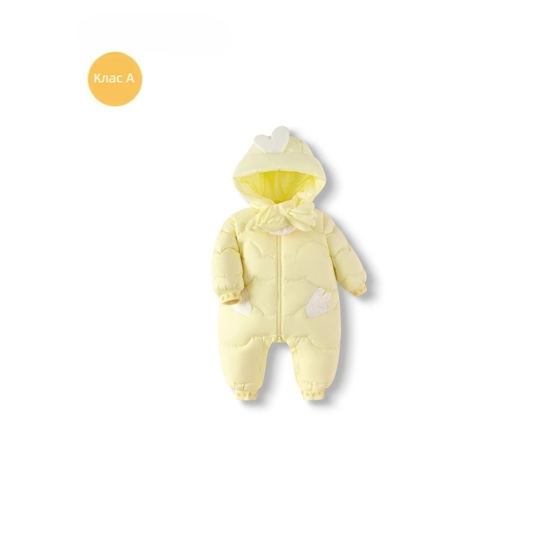 Детски пухен гащеризон, унисекс, за новородени (0–12 месеца), зима 2025, пълнеж от бял патица 91–94%, външен материал найлон 100%