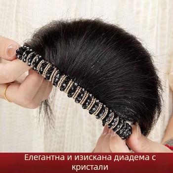 Перука с чубка и диамантена лента за глава, човешка коса, права чубка, вградени странични коси за покриване на белите коси, за дами
