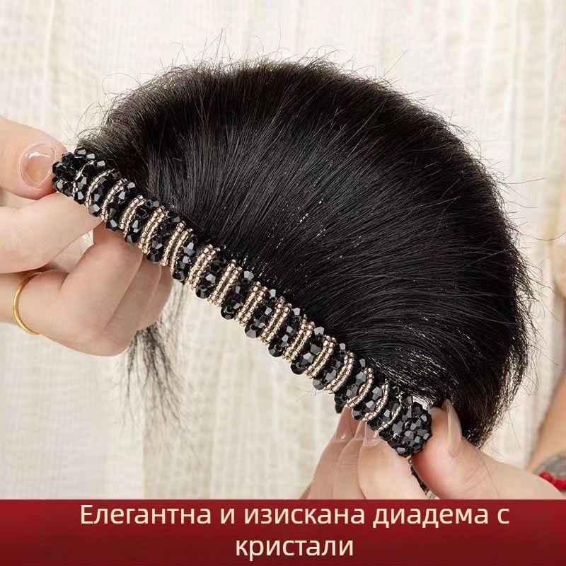 Перука с чубка и диамантена лента за глава, човешка коса, права чубка, вградени странични коси за покриване на белите коси, за дами