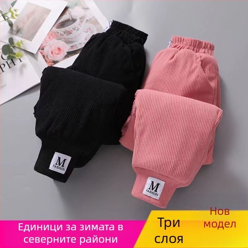 Панталони за момичета с подплата от флис, дебели памучни панталони с трислоен quilted топлина, спортно-ежедневни за зимни условия