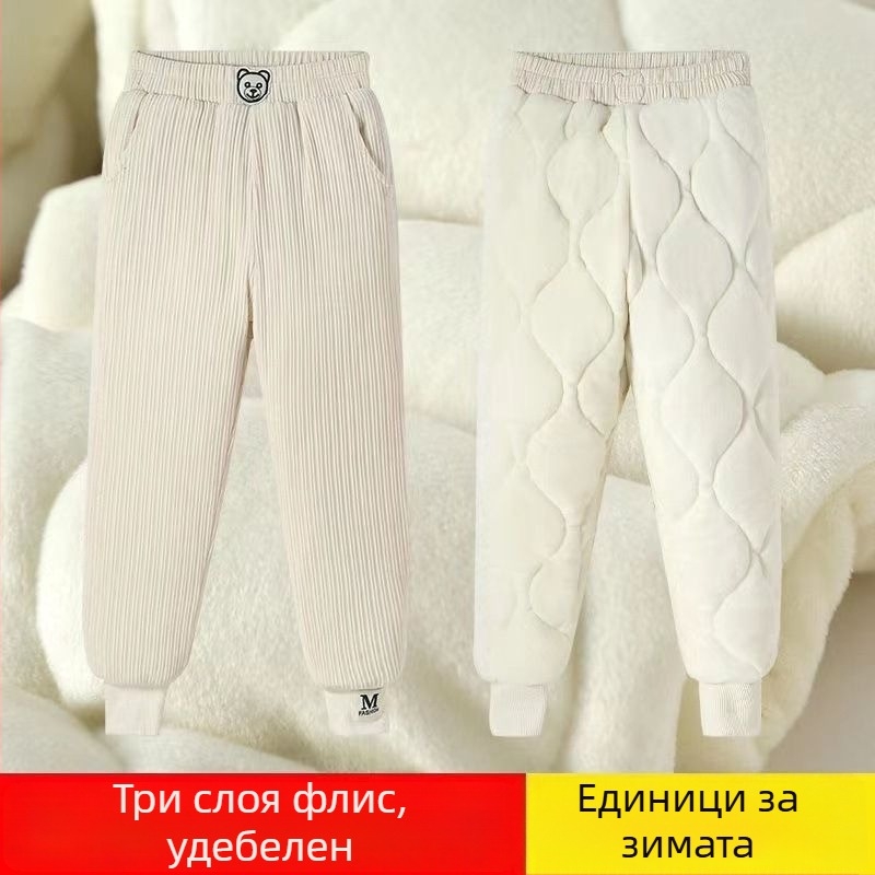 Панталони за момичета с подплата от флис, дебели памучни панталони с трислоен quilted топлина, спортно-ежедневни за зимни условия