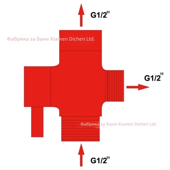 Три-портов меден водоразпределител за душ: 1 вход/2 изхода, резбова връзка, електроплатинг, 0.8–1.2 MPa, 0–90°C