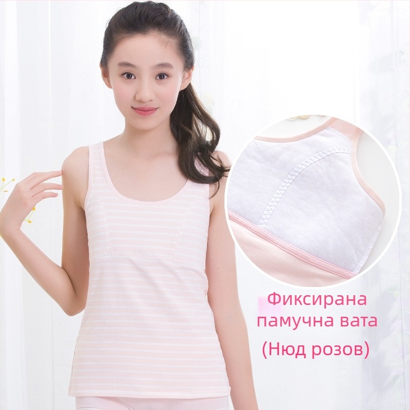 Потник за момичета в период на развитие с фиксирана подплата за бюста, 9–13 г, кръгло деколте, 95% памук, подходящ за всички сезони