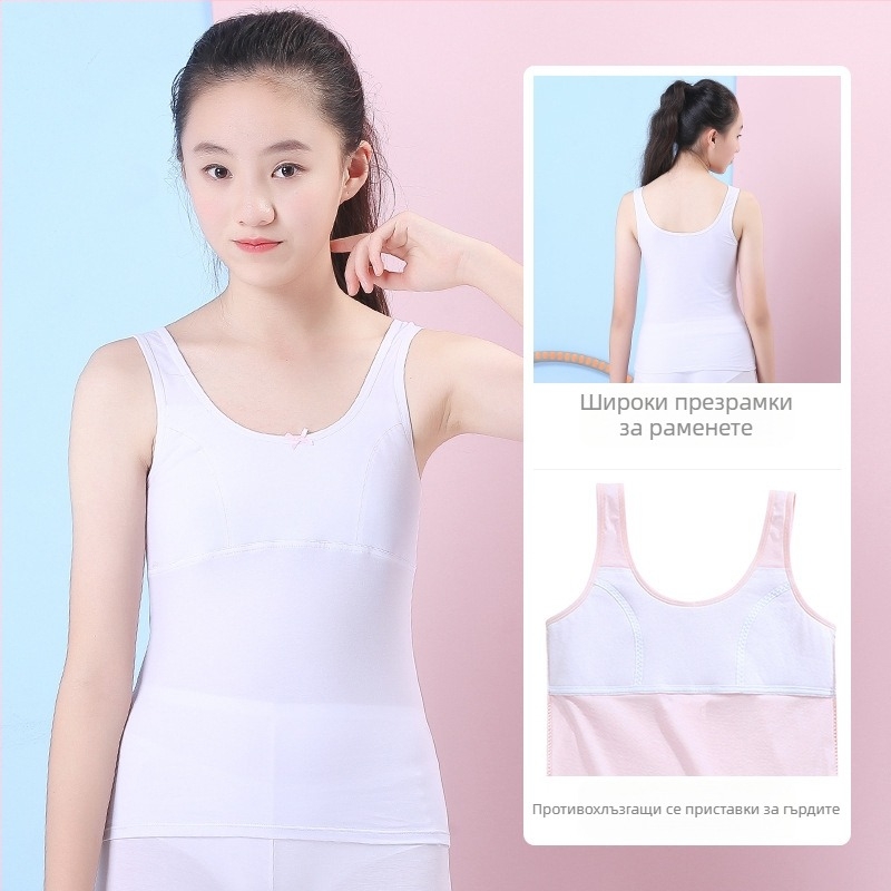 Потник за момичета в период на развитие с фиксирана подплата за бюста, 9–13 г, кръгло деколте, 95% памук, подходящ за всички сезони