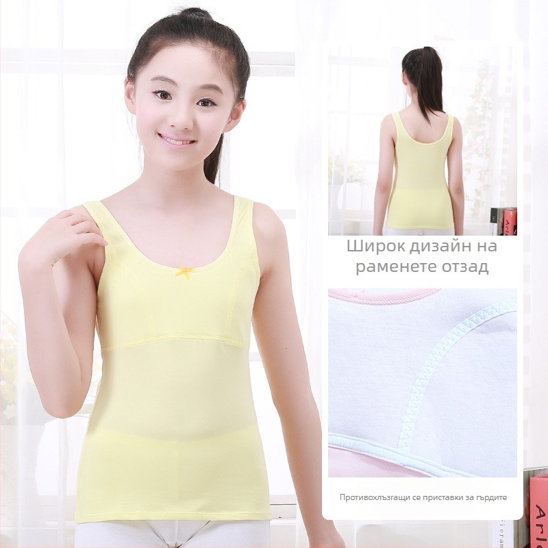 Потник за момичета в период на развитие с фиксирана подплата за бюста, 9–13 г, кръгло деколте, 95% памук, подходящ за всички сезони