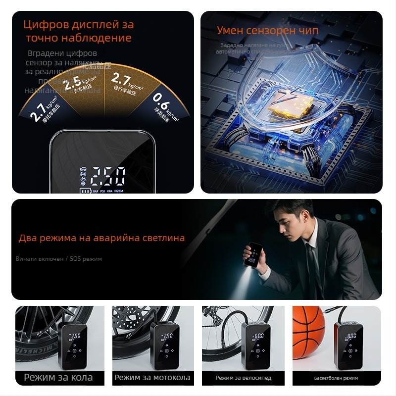 Автомобилна помпа за гуми с цифров дисплей, 12V, 80W, 35 л/мин, USB зареждане