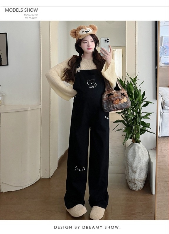 Майчин деним гащеризон комплект с анимационна котка и плетен топ, дълги ръкави, деним без гладене, полиестер 30–50% и памук под 30%, есен 2025