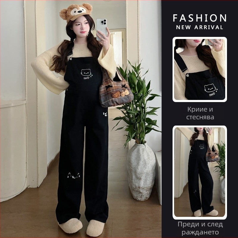 Майчин деним гащеризон комплект с анимационна котка и плетен топ, дълги ръкави, деним без гладене, полиестер 30–50% и памук под 30%, есен 2025