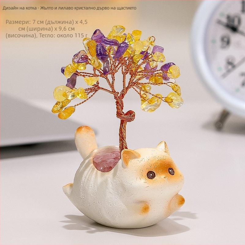 Кристално котешко дърво за пари — настолен декор за офис и дом