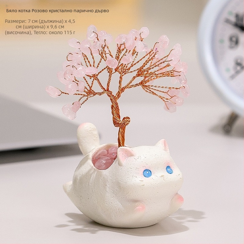 Кристално котешко дърво за пари — настолен декор за офис и дом