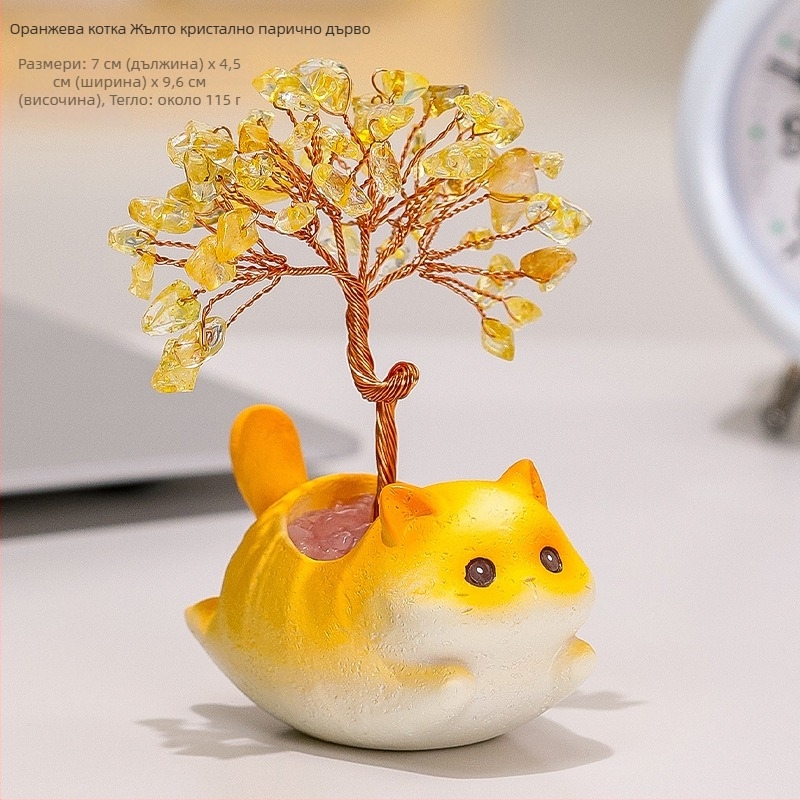 Кристално котешко дърво за пари — настолен декор за офис и дом