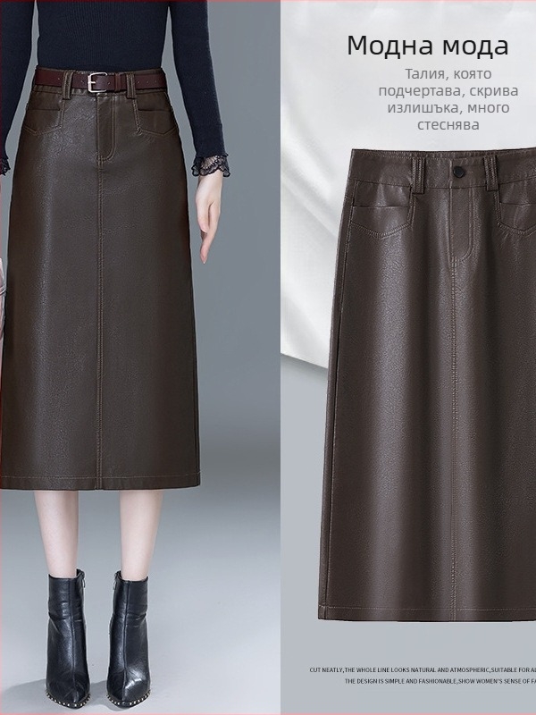 Дамска пола от естествена кожа, хип стил, средна дължина, есен 2025, 95% кожа